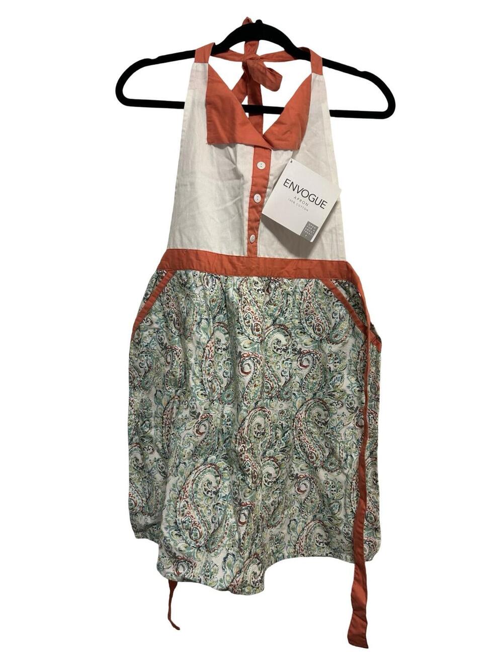 NWT‎ Envogue 100% Cotton Paisley Kitchen Apron Coral White Adjustable